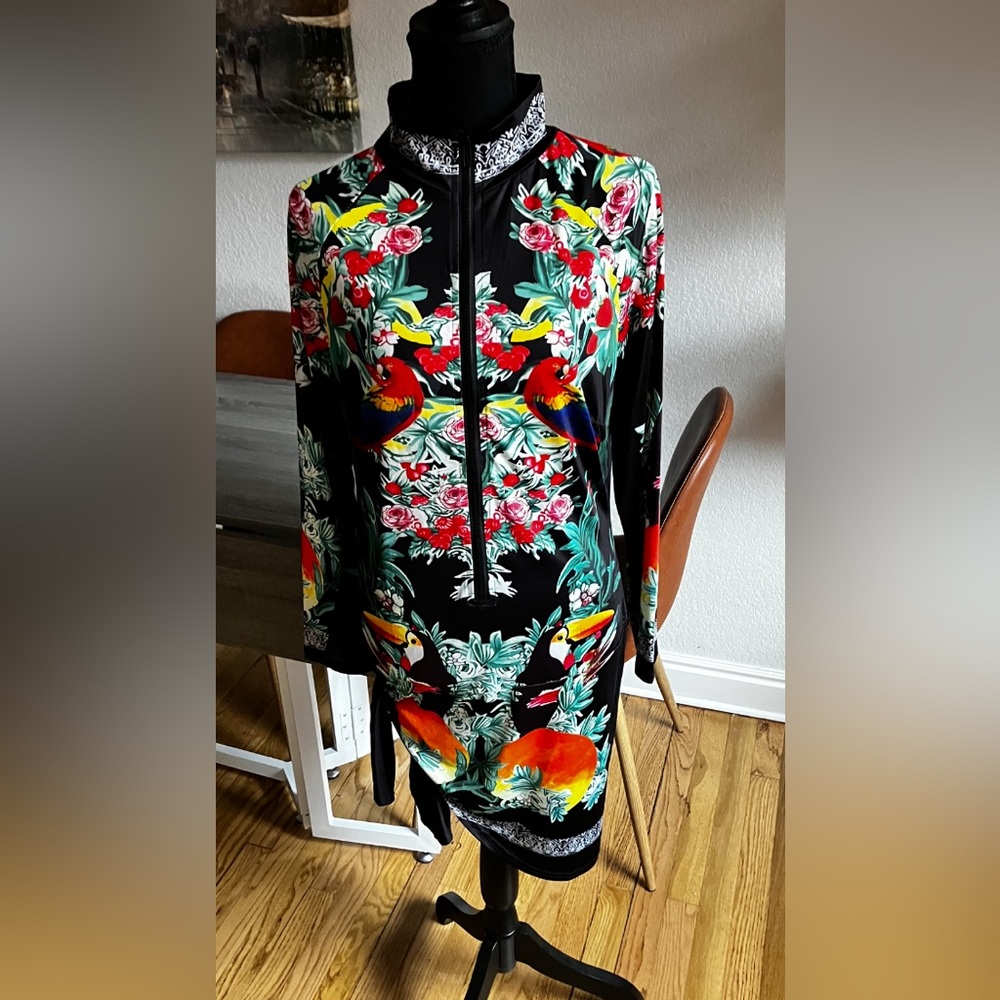 New. Colorful,  form fitting dress that ties on one side.